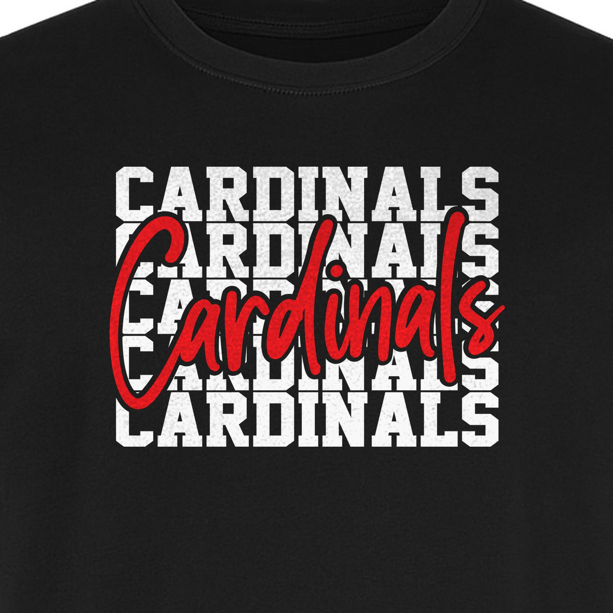 Cardinals T-Shirt, Repeated Script Mascot Design for School Spirit Fans, Pep Rallies and Team Events