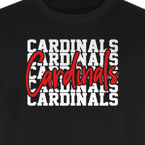 Cardinals T-Shirt, Repeated Script Mascot Design for School Spirit Fans, Pep Rallies and Team Events