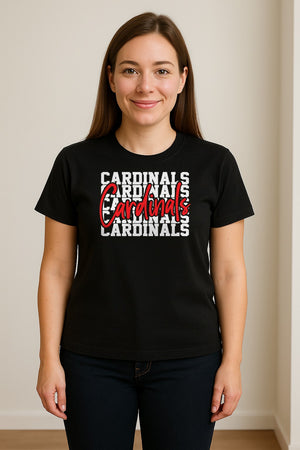 Cardinals T-Shirt, Repeated Script Mascot Design for School Spirit Fans, Pep Rallies and Team Events
