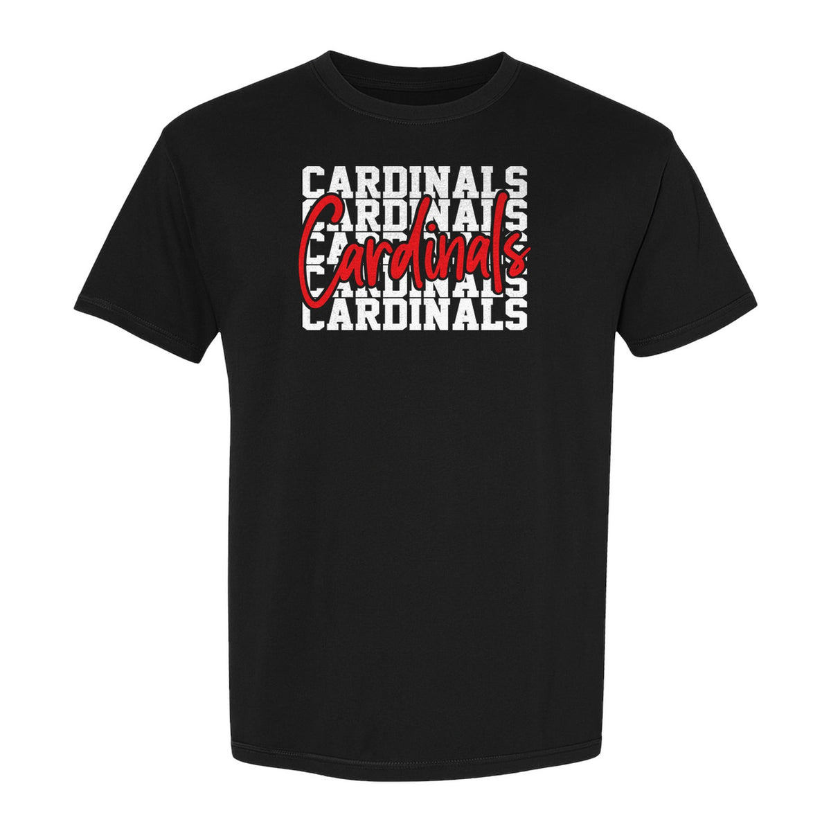 Cardinals T-Shirt, Repeated Script Mascot Design for School Spirit Fans, Pep Rallies and Team Events