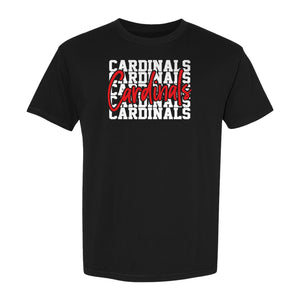 Cardinals T-Shirt, Repeated Script Mascot Design for School Spirit Fans, Pep Rallies and Team Events