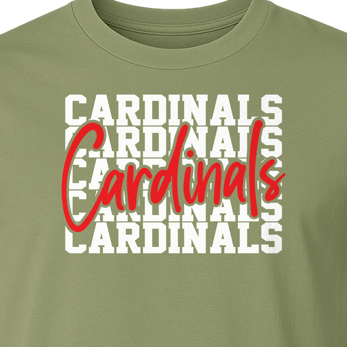 Cardinals T-Shirt, Repeated Script Mascot Design for School Spirit Fans, Pep Rallies and Team Events
