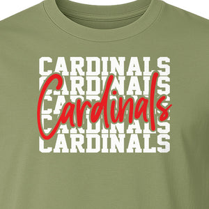 Cardinals T-Shirt, Repeated Script Mascot Design for School Spirit Fans, Pep Rallies and Team Events