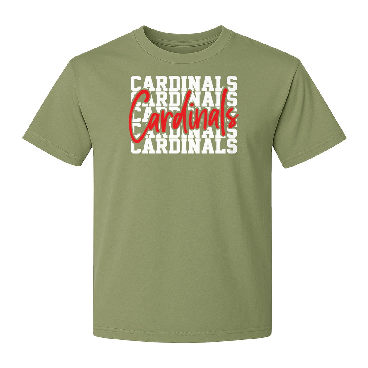 Cardinals T-Shirt, Repeated Script Mascot Design for School Spirit Fans, Pep Rallies and Team Events