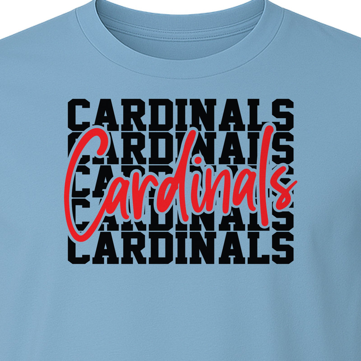 Cardinals T-Shirt, Repeated Script Mascot Design for School Spirit Fans, Pep Rallies and Team Events