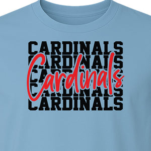 Cardinals T-Shirt, Repeated Script Mascot Design for School Spirit Fans, Pep Rallies and Team Events