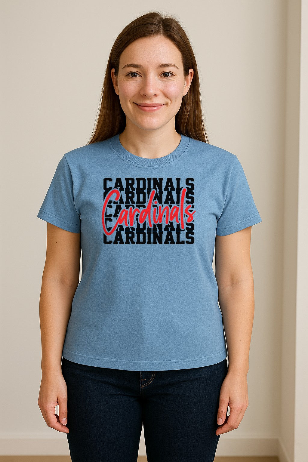 Cardinals T-Shirt, Repeated Script Mascot Design for School Spirit Fans, Pep Rallies and Team Events