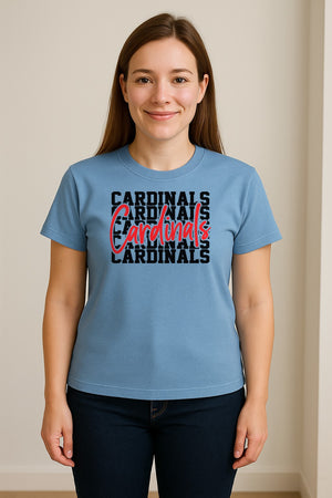 Cardinals T-Shirt, Repeated Script Mascot Design for School Spirit Fans, Pep Rallies and Team Events