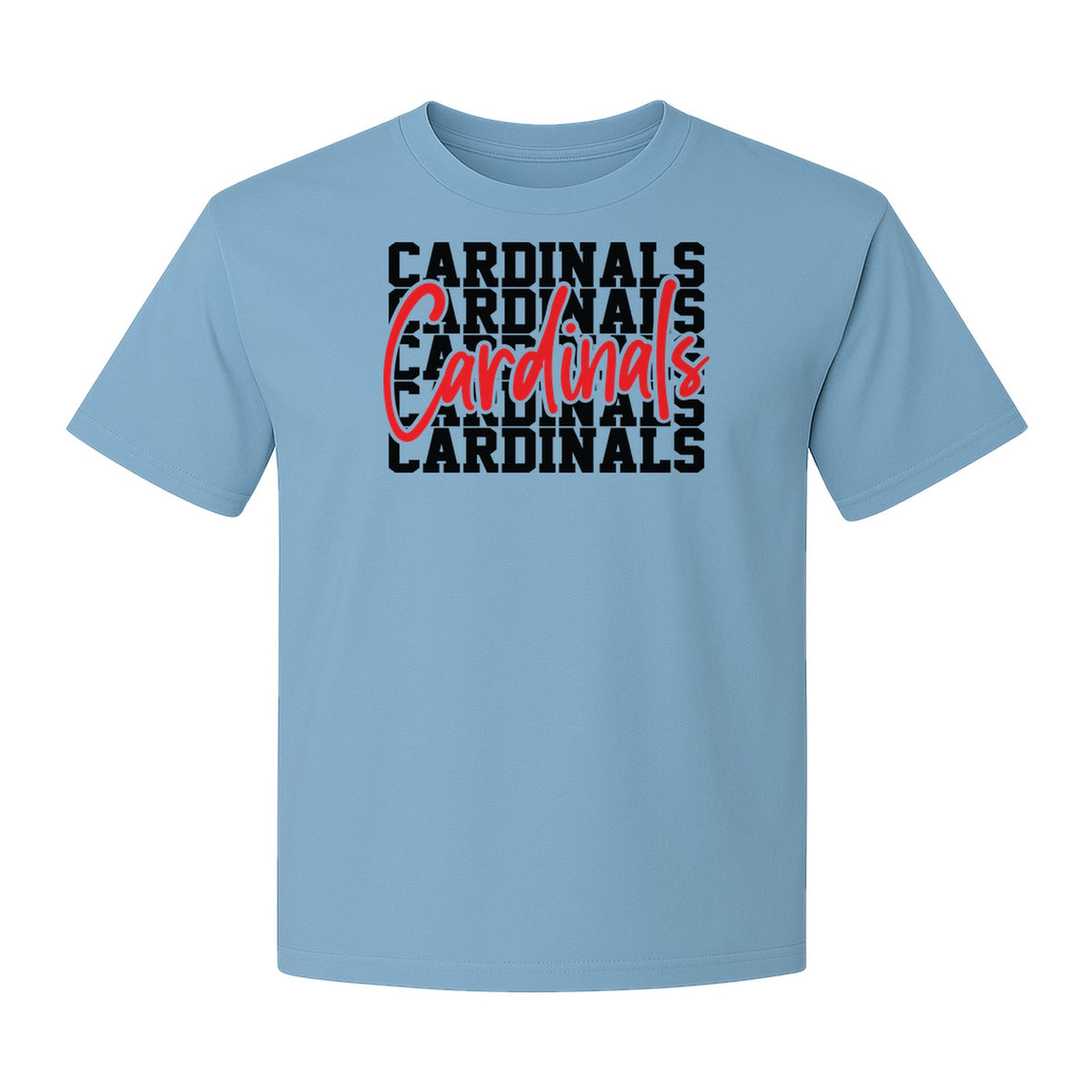 Cardinals T-Shirt, Repeated Script Mascot Design for School Spirit Fans, Pep Rallies and Team Events