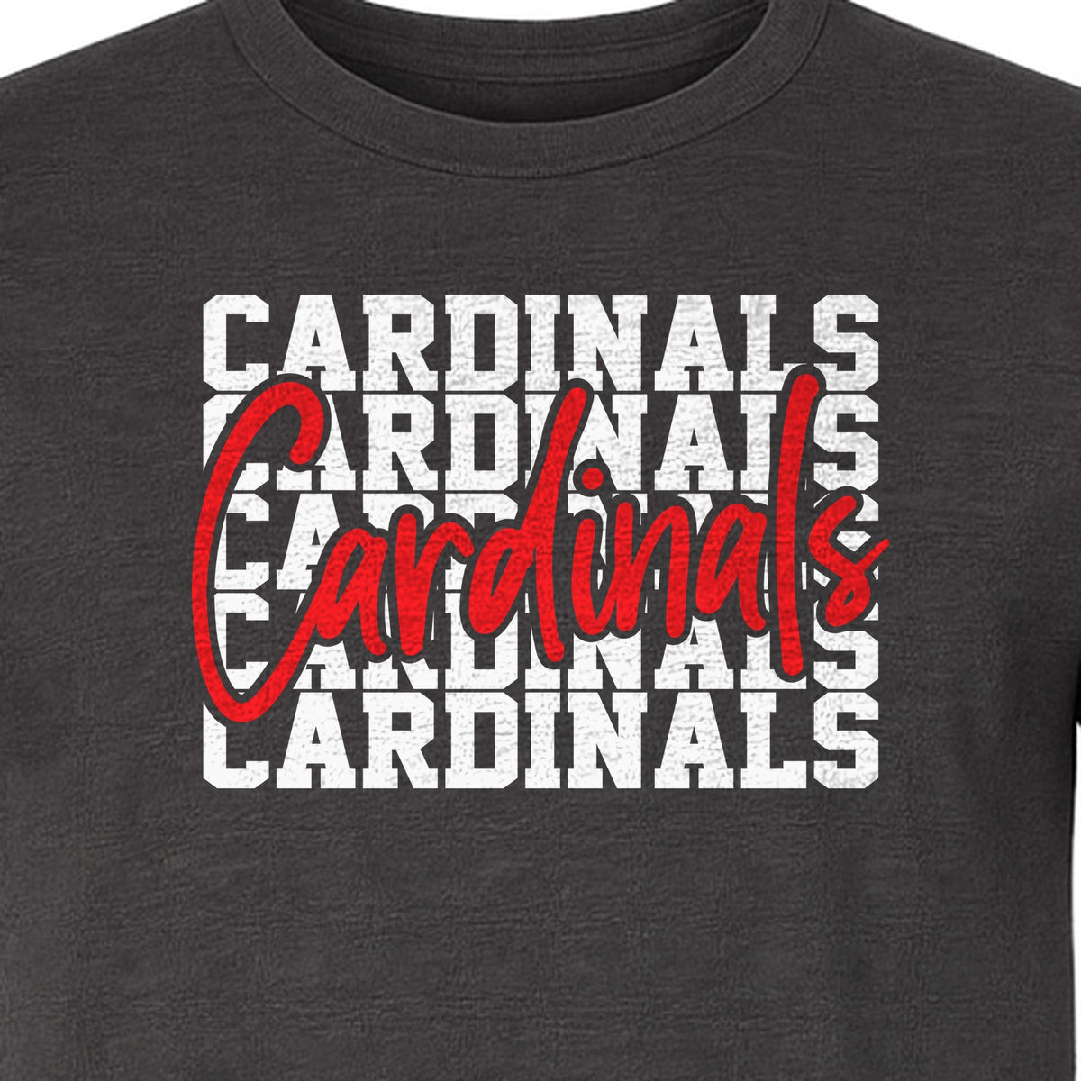 Cardinals T-Shirt, Repeated Script Mascot Design for School Spirit Fans, Pep Rallies and Team Events