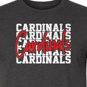 Cardinals T-Shirt, Repeated Script Mascot Design for School Spirit Fans, Pep Rallies and Team Events