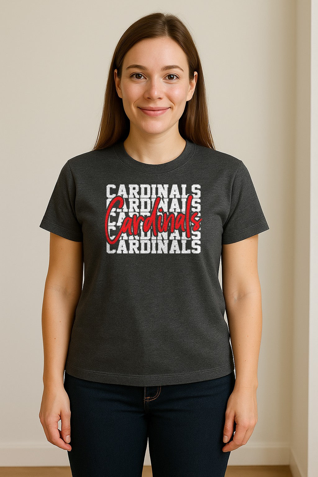 Cardinals T-Shirt, Repeated Script Mascot Design for School Spirit Fans, Pep Rallies and Team Events