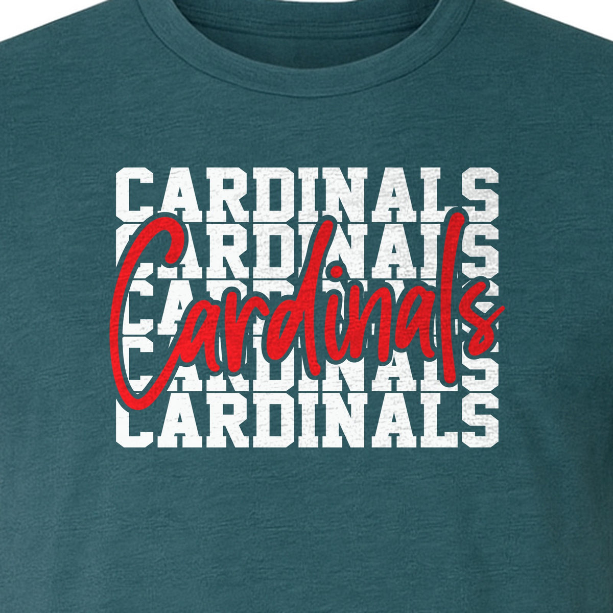 Cardinals T-Shirt, Repeated Script Mascot Design for School Spirit Fans, Pep Rallies and Team Events