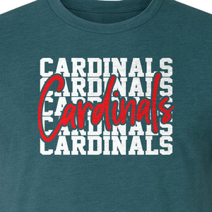 Cardinals T-Shirt, Repeated Script Mascot Design for School Spirit Fans, Pep Rallies and Team Events
