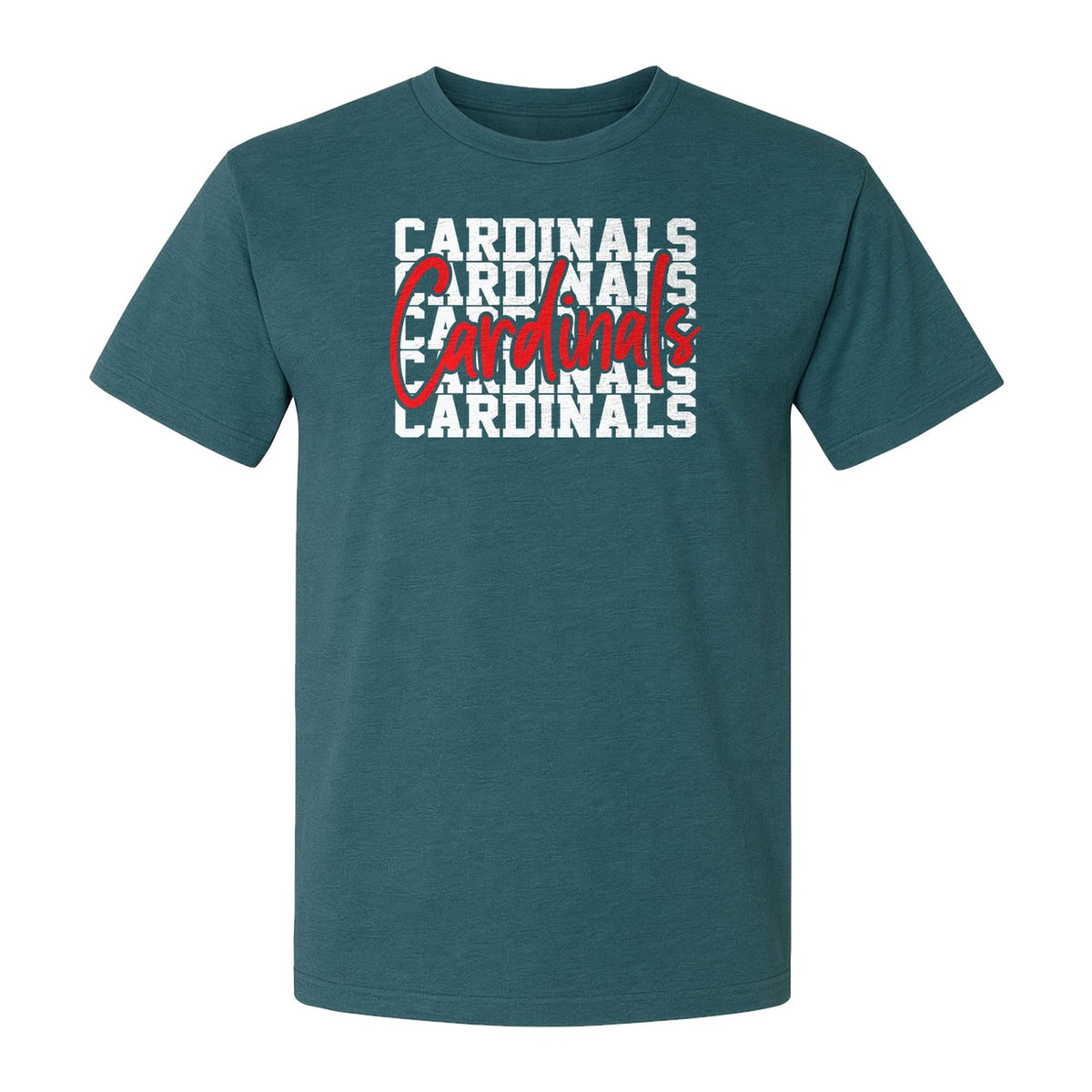 Cardinals T-Shirt, Repeated Script Mascot Design for School Spirit Fans, Pep Rallies and Team Events