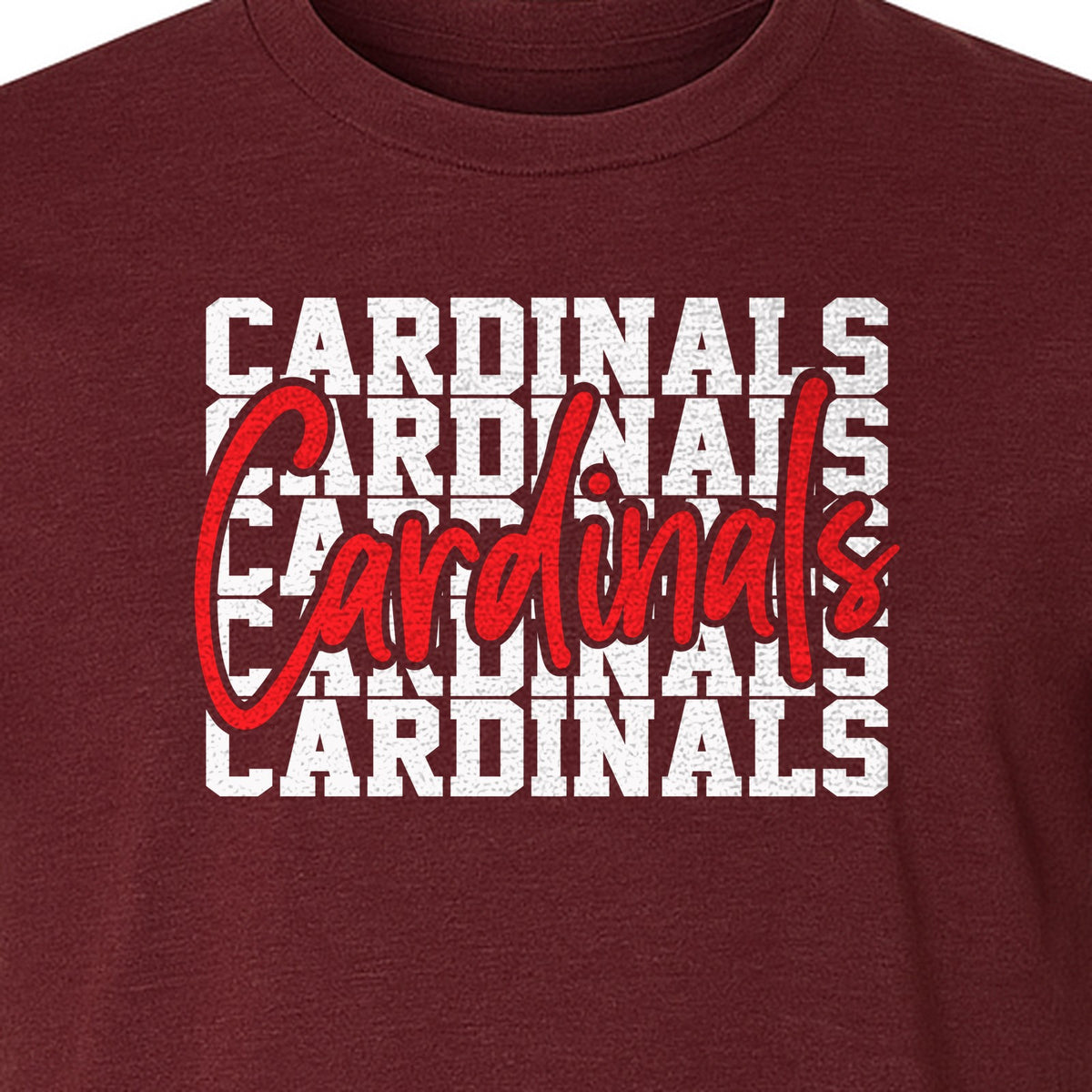 Cardinals T-Shirt, Repeated Script Mascot Design for School Spirit Fans, Pep Rallies and Team Events