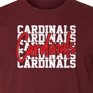 Cardinals T-Shirt, Repeated Script Mascot Design for School Spirit Fans, Pep Rallies and Team Events