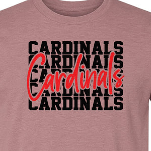Cardinals T-Shirt, Repeated Script Mascot Design for School Spirit Fans, Pep Rallies and Team Events