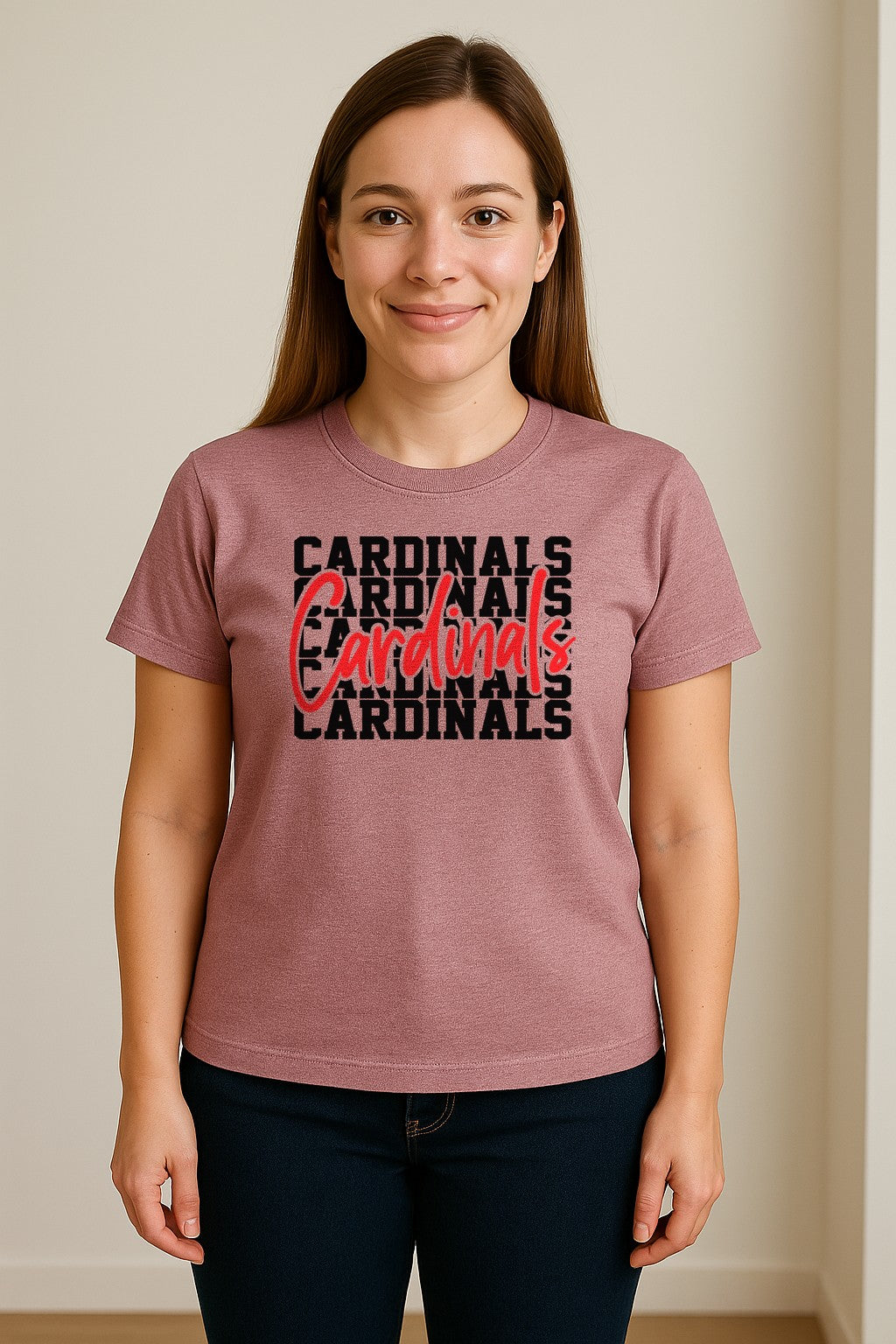 Cardinals T-Shirt, Repeated Script Mascot Design for School Spirit Fans, Pep Rallies and Team Events