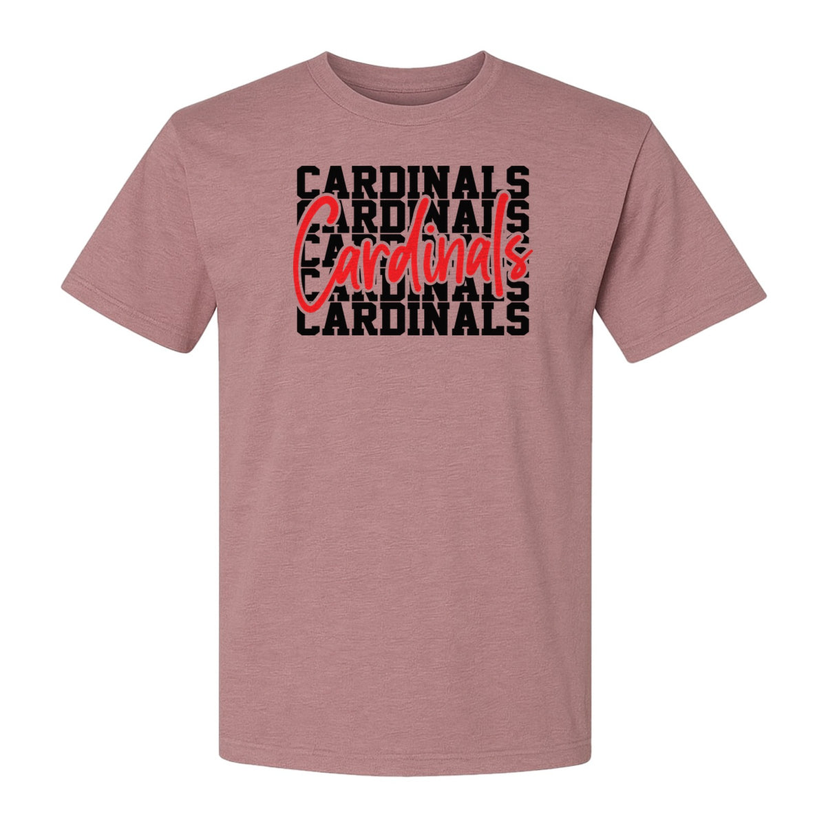 Cardinals T-Shirt, Repeated Script Mascot Design for School Spirit Fans, Pep Rallies and Team Events