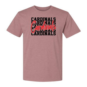 Cardinals T-Shirt, Repeated Script Mascot Design for School Spirit Fans, Pep Rallies and Team Events