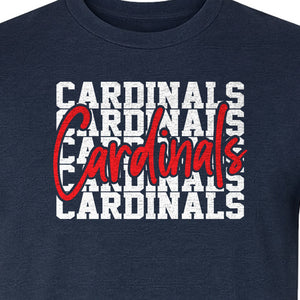 Cardinals T-Shirt, Repeated Script Mascot Design for School Spirit Fans, Pep Rallies and Team Events