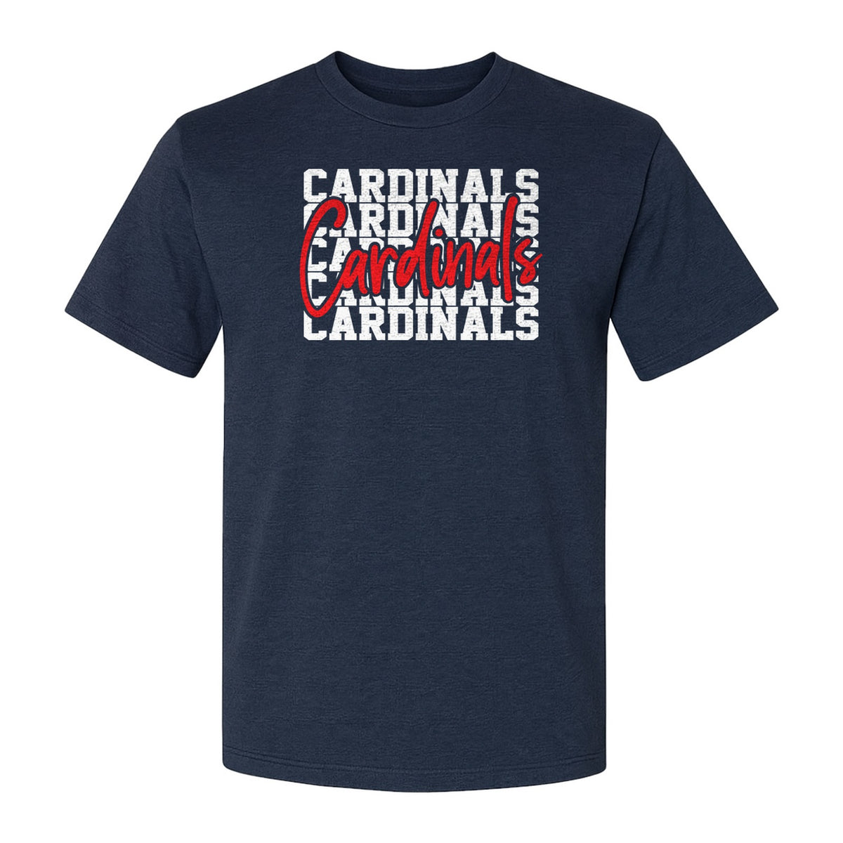 Cardinals T-Shirt, Repeated Script Mascot Design for School Spirit Fans, Pep Rallies and Team Events