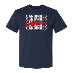 Cardinals T-Shirt, Repeated Script Mascot Design for School Spirit Fans, Pep Rallies and Team Events