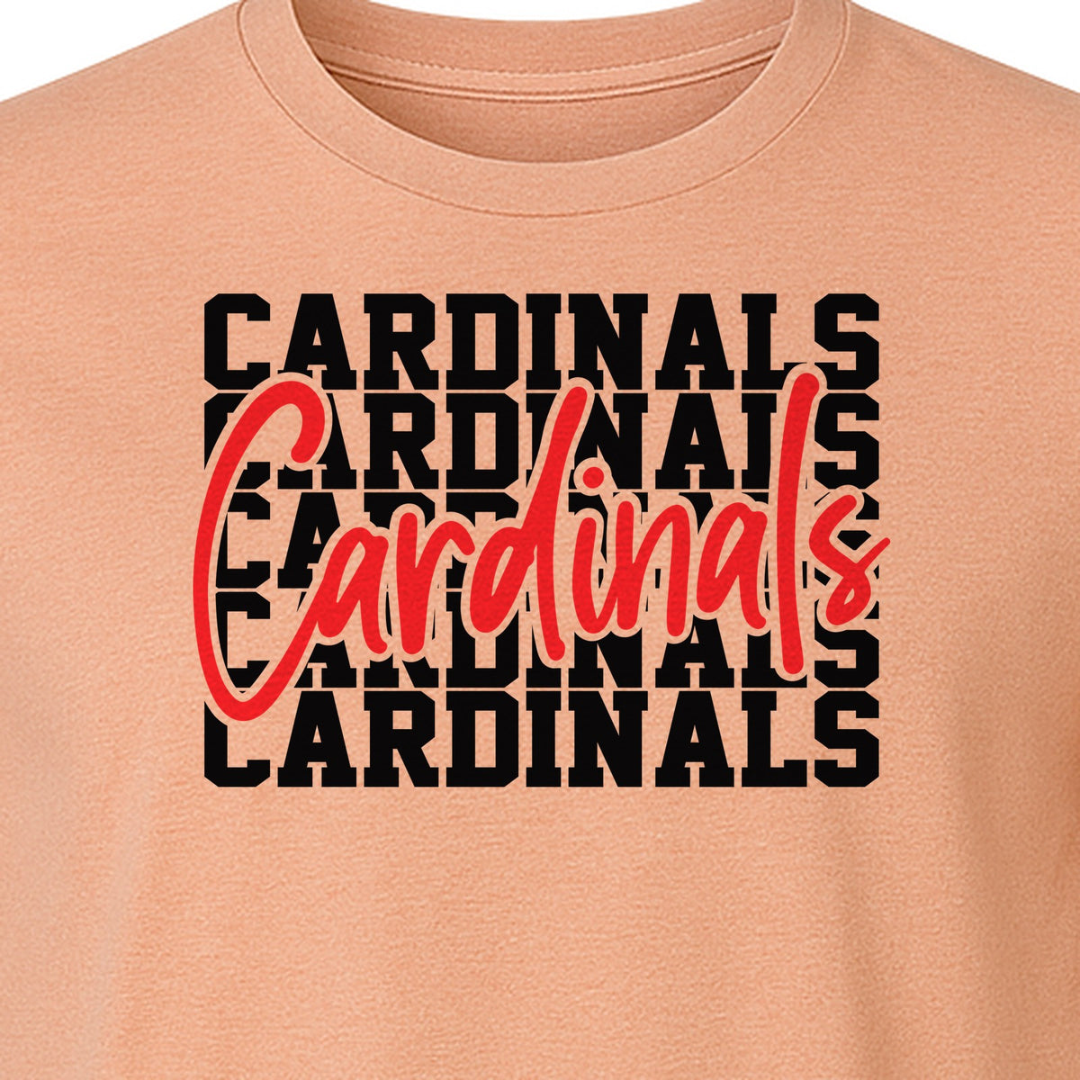 Cardinals T-Shirt, Repeated Script Mascot Design for School Spirit Fans, Pep Rallies and Team Events