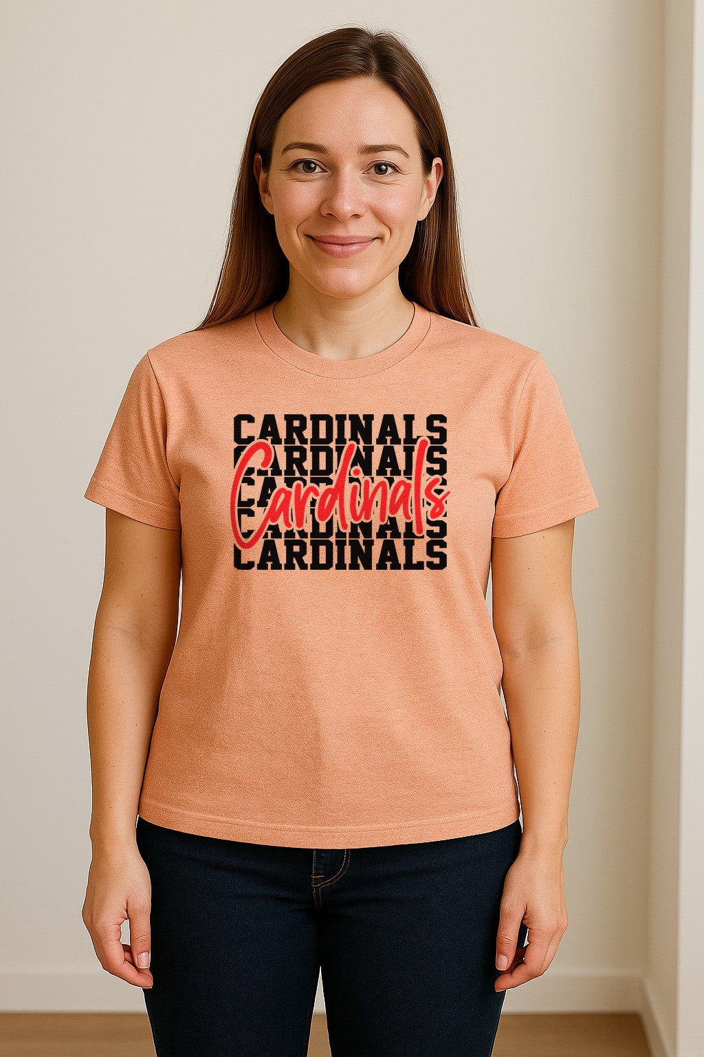 Cardinals T-Shirt, Repeated Script Mascot Design for School Spirit Fans, Pep Rallies and Team Events