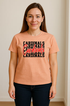 Cardinals T-Shirt, Repeated Script Mascot Design for School Spirit Fans, Pep Rallies and Team Events