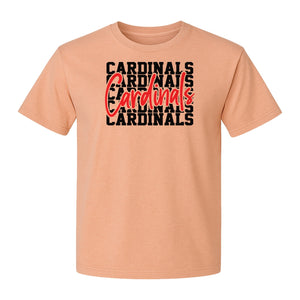 Cardinals T-Shirt, Repeated Script Mascot Design for School Spirit Fans, Pep Rallies and Team Events