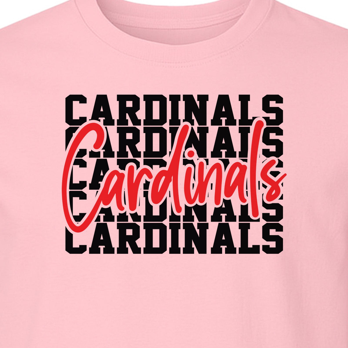 Cardinals T-Shirt, Repeated Script Mascot Design for School Spirit Fans, Pep Rallies and Team Events