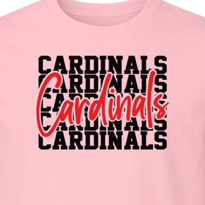 Cardinals T-Shirt, Repeated Script Mascot Design for School Spirit Fans, Pep Rallies and Team Events
