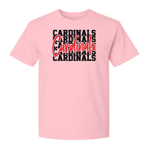 Cardinals T-Shirt, Repeated Script Mascot Design for School Spirit Fans, Pep Rallies and Team Events