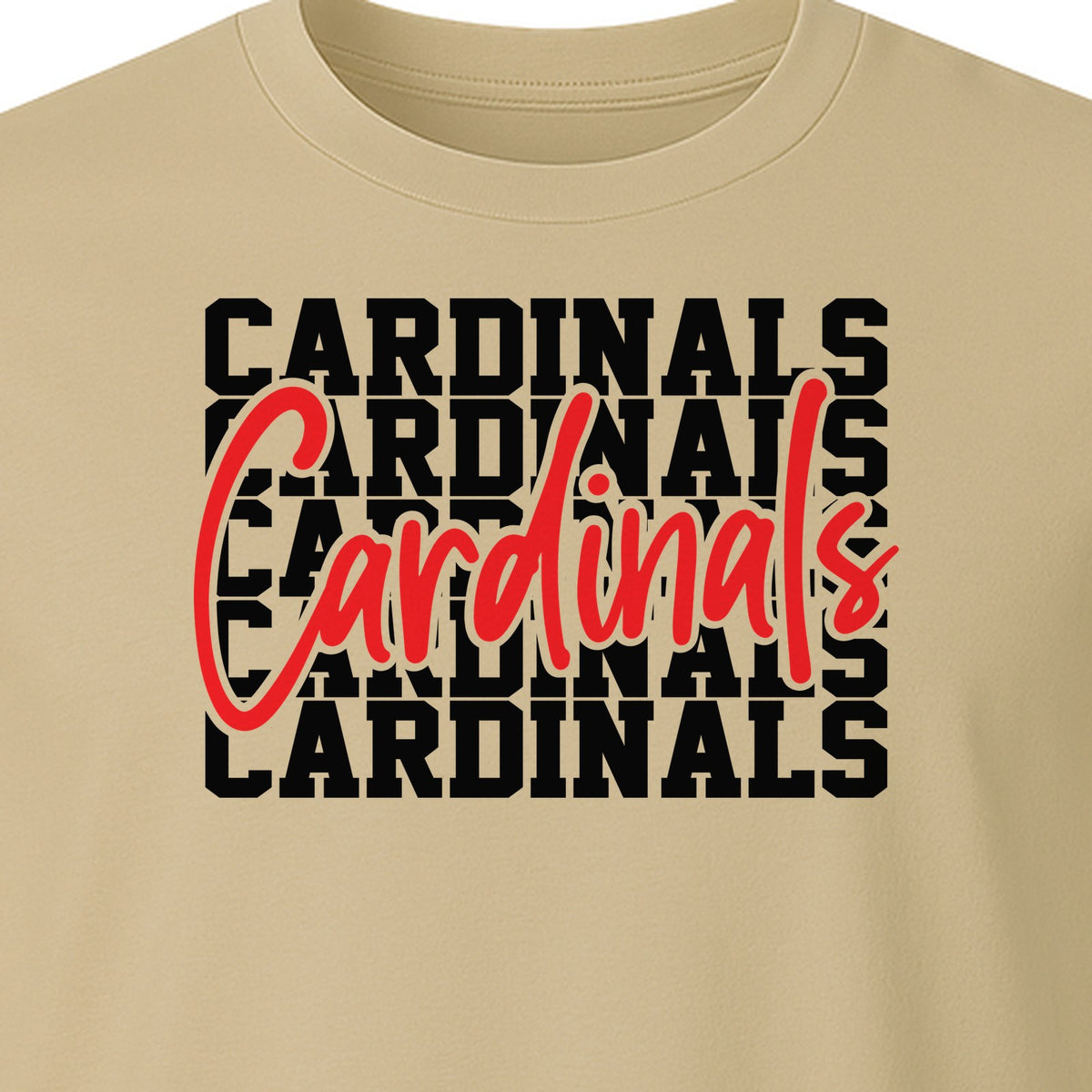 Cardinals T-Shirt, Repeated Script Mascot Design for School Spirit Fans, Pep Rallies and Team Events