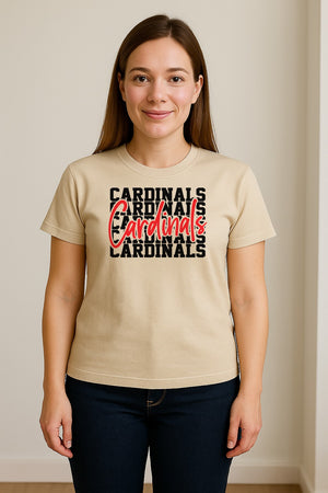Cardinals T-Shirt, Repeated Script Mascot Design for School Spirit Fans, Pep Rallies and Team Events