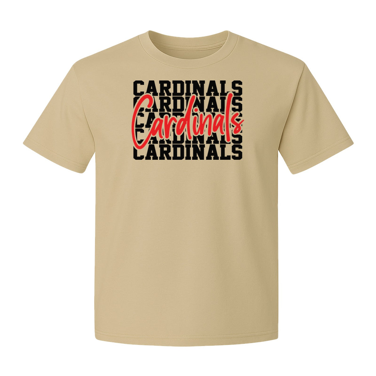 Cardinals T-Shirt, Repeated Script Mascot Design for School Spirit Fans, Pep Rallies and Team Events