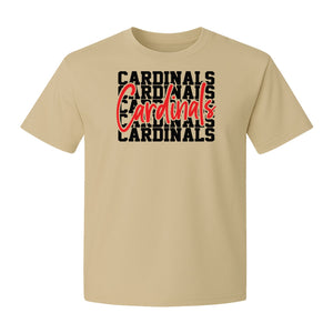 Cardinals T-Shirt, Repeated Script Mascot Design for School Spirit Fans, Pep Rallies and Team Events