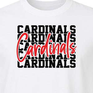 Cardinals T-Shirt, Repeated Script Mascot Design for School Spirit Fans, Pep Rallies and Team Events