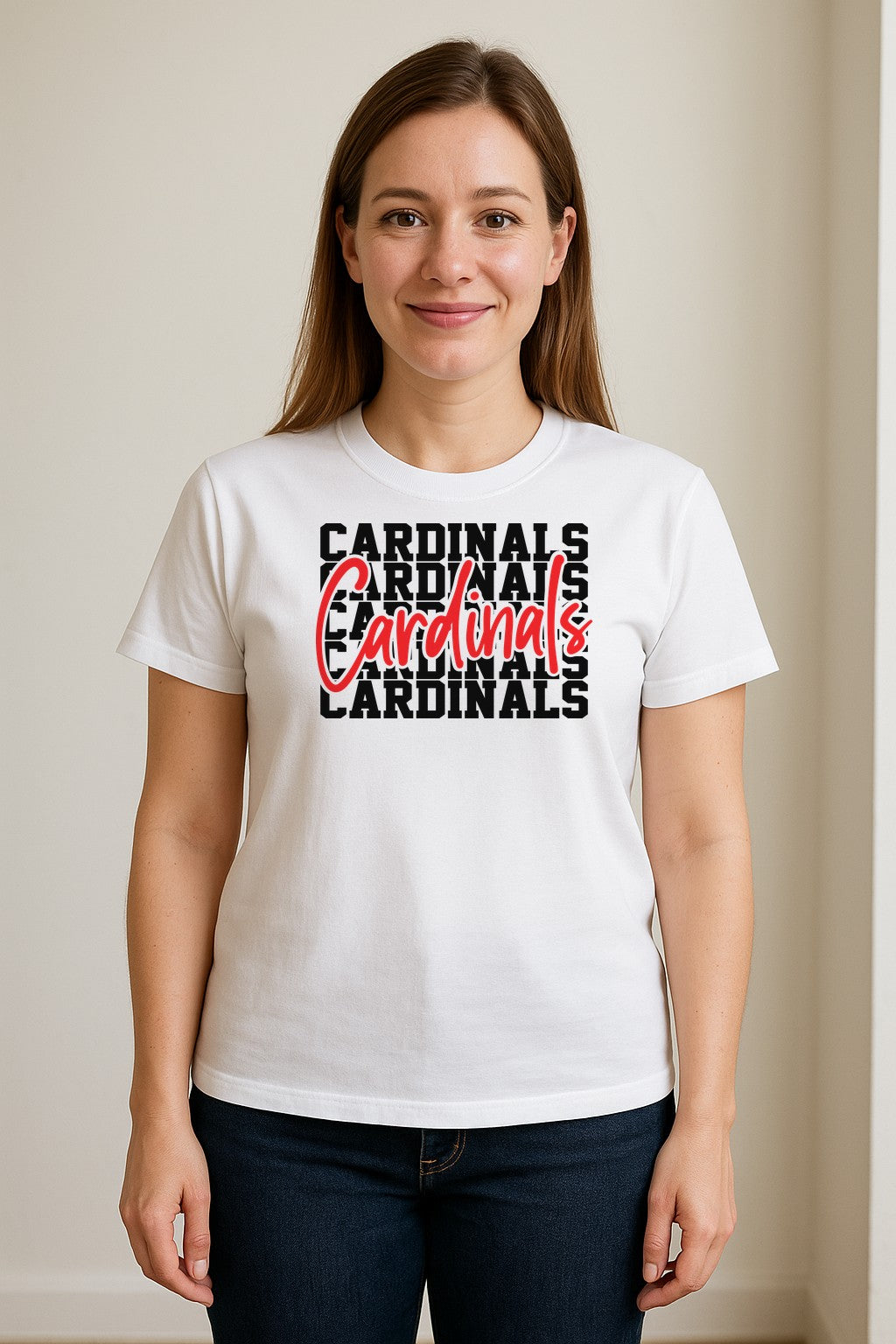 Cardinals T-Shirt, Repeated Script Mascot Design for School Spirit Fans, Pep Rallies and Team Events