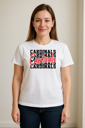 Cardinals T-Shirt, Repeated Script Mascot Design for School Spirit Fans, Pep Rallies and Team Events