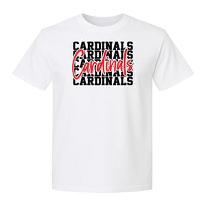 Cardinals T-Shirt, Repeated Script Mascot Design for School Spirit Fans, Pep Rallies and Team Events