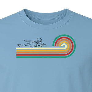 Swimming T-Shirt, Retro Rainbow Swimmer Graphic Gift for Pool Lovers and Coaches