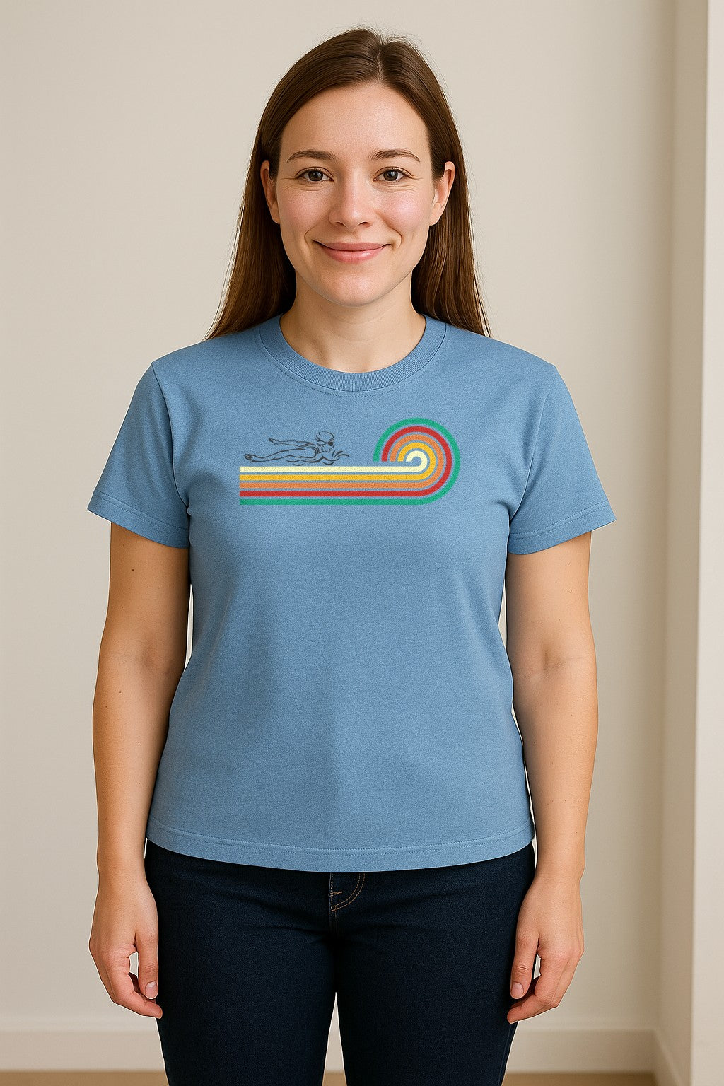 Swimming T-Shirt, Retro Rainbow Swimmer Graphic Gift for Pool Lovers and Coaches