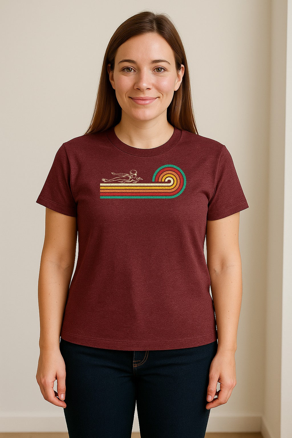 Swimming T-Shirt, Retro Rainbow Swimmer Graphic Gift for Pool Lovers and Coaches