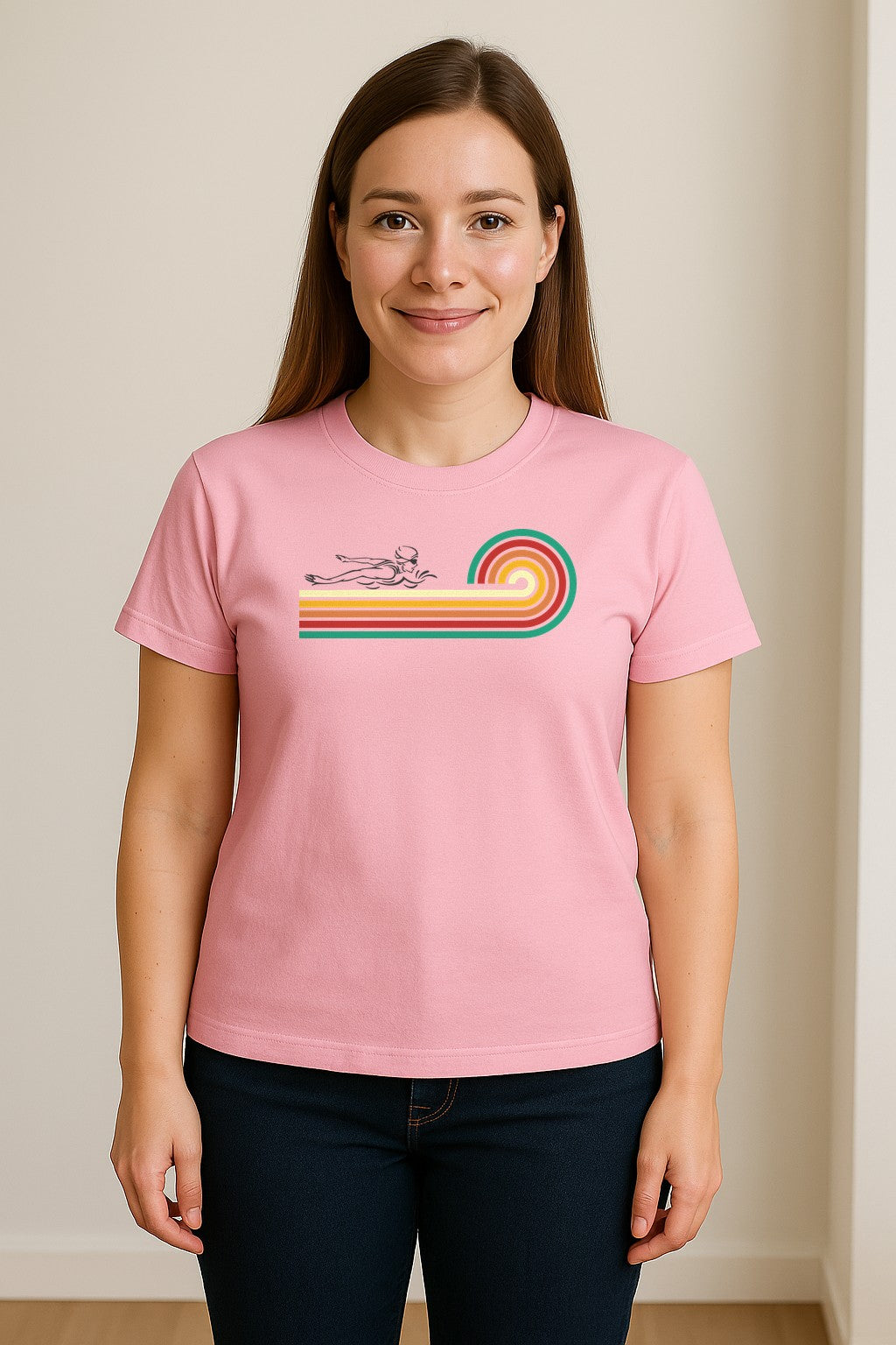 Swimming T-Shirt, Retro Rainbow Swimmer Graphic Gift for Pool Lovers and Coaches