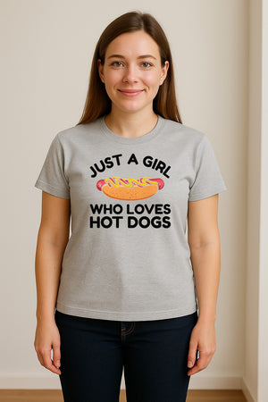 Just a Girl Who Loves Hot Dogs T-Shirt, Funny Foodie Graphic for Cookouts, Barbecues and Birthday Parties