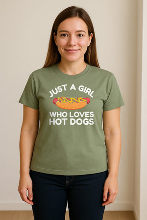 Just a Girl Who Loves Hot Dogs T-Shirt, Funny Foodie Graphic for Cookouts, Barbecues and Birthday Parties