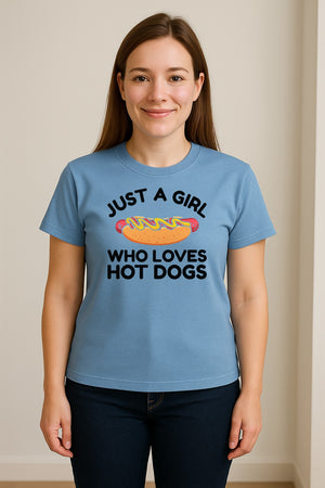 Just a Girl Who Loves Hot Dogs T-Shirt, Funny Foodie Graphic for Cookouts, Barbecues and Birthday Parties
